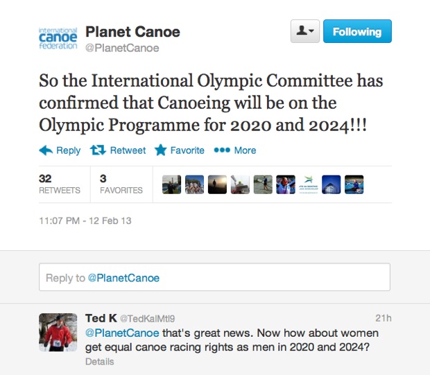 planet canoe twitter canoe kayak icf ioc voting olympic programme jacques rogge 2020 2024 wrestling women gender equality equity sportscene