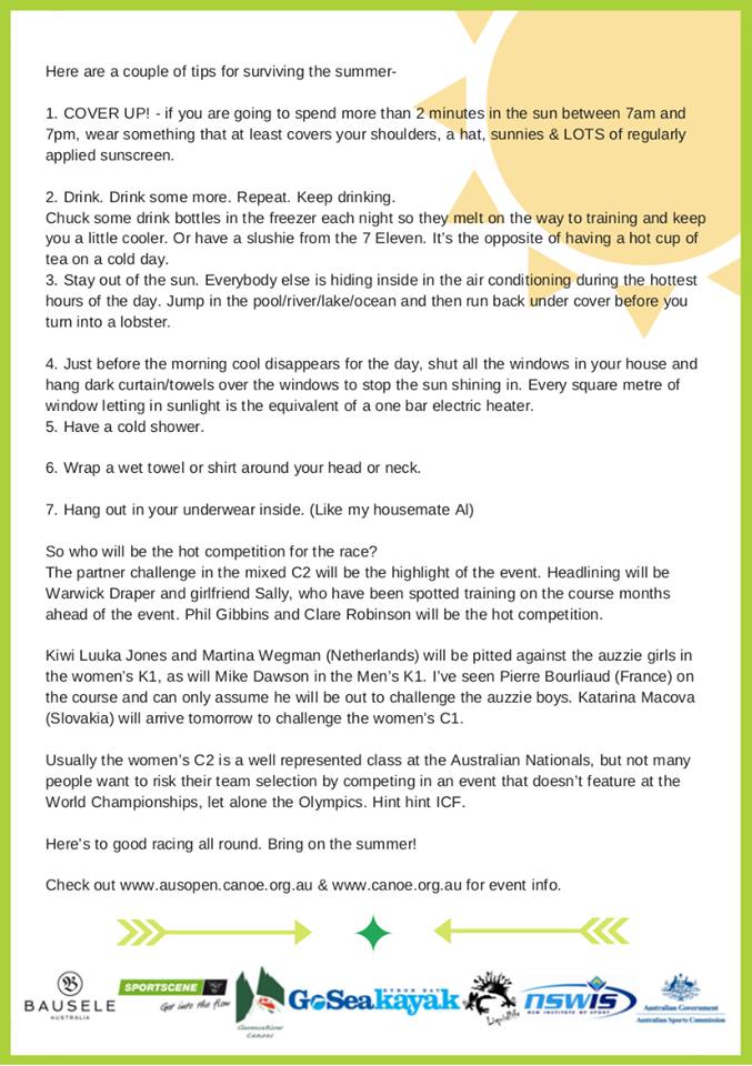 canoe kayak ros lawrence training tips slalom australia summer hot heat sportscene icf